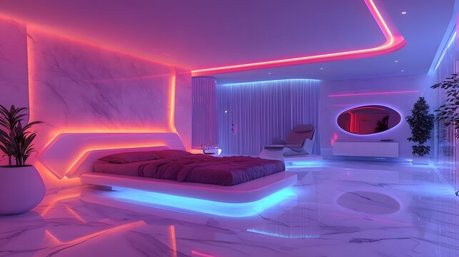 Futuristic bedroom with floating furniture and neon lighting