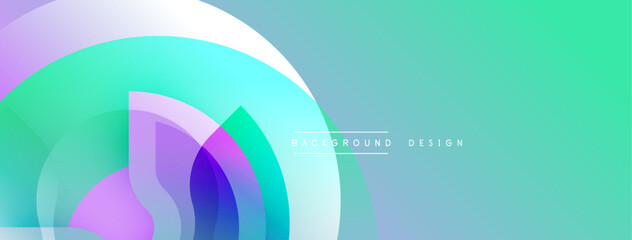 Abstract design features layered circles, vibrant colors. Turquoise, purple hues blend smoothly. Modern aesthetic, clean presentation.