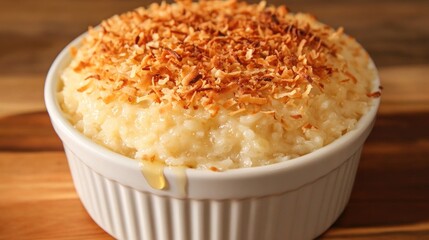Rice pudding topped with toasted coconut flakes and honey drizzle, served in a round ramekin