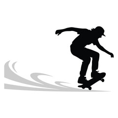 Black vector silhouette of a person skateboarding on white background