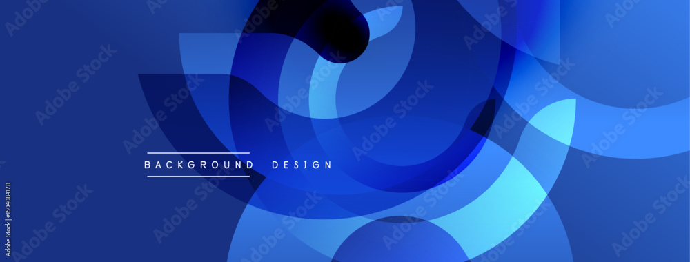 Poster Abstract blue design features overlapping rounded shapes. Modern composition creates dynamic visual effect. Background includes text elements.