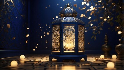 "Elegant Islamic Lantern on Blue Night Background &ndash; Ramadan Decoration Art"