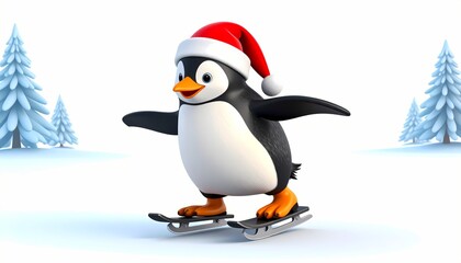 Fototapeta premium Penguin skating with santa hat near christmas tree. An adorable penguin is joyfully skating on a clear icy surface, donning a festive red Santa hat. Christmas trees frame the scene