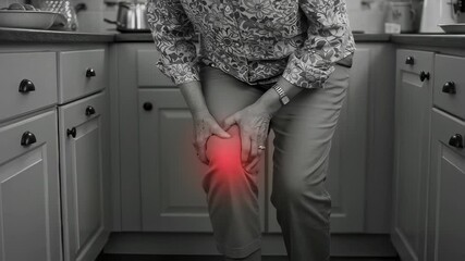 Monochrome close-up of a Caucasian woman suffering from knee pain. Pain and inflammation are highlighted in red. - Powered by Adobe
