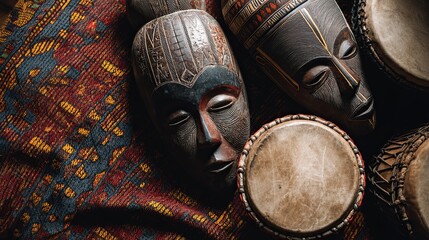 Vibrant African Drums and Masks on Patterned Background