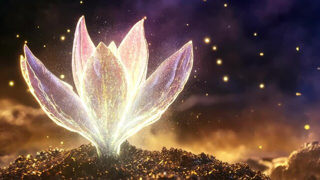 Glowing flower blossom in dark earth with cosmic stardust, growth concept art.