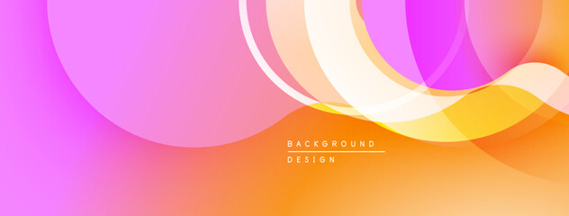 Abstract background features overlapping circles, gradients. Colors range from pink, orange, yellow creating smooth transitions. Modern design element.