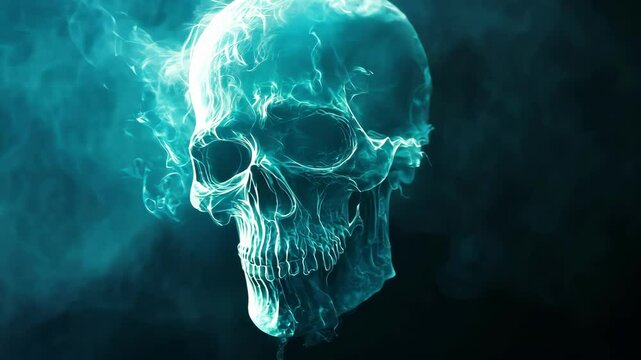 Ethereal blue skull with smoke, vapor and fog, a dark fantasy illustration.