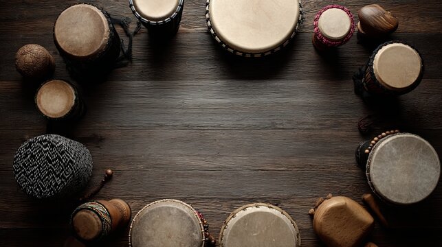 Circle of Hand Drums and Shakers on Wooden Floor