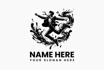 Modern suited man mid-dance with fluid paint splatter vector logo. Artistic freedom symbol  