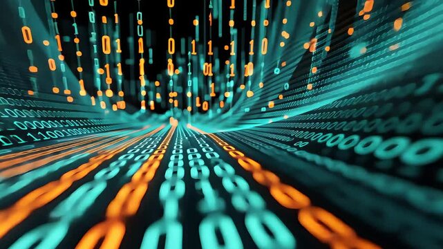 Digital Data Stream Futuristic Technology Background with Glowing Binary Code and Abstract Light Trails in Blue and Orange