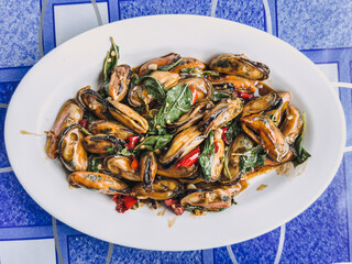 Thai Pad Ka Prao, Stir Fried Mussels with Basil.