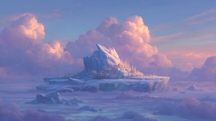 An ice-capped city floats amidst a sky of pastel clouds.