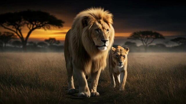 Majestic Lions at Sunset in the African Savanna