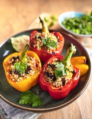 Colorful bell peppers stuffed with quinoa, black beans, and vegetables, creating a vibrant and healthy meal