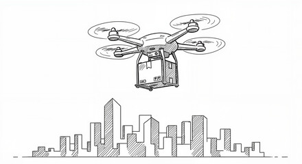 Delivery drone flying above city skyline in sketch style  