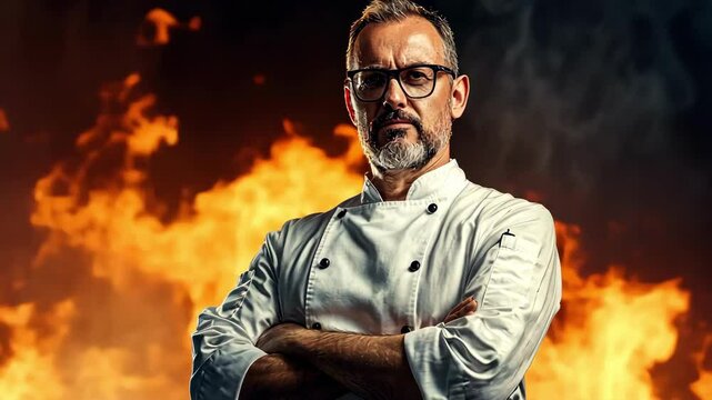 Confident chef with arms crossed in professional uniform with fire background.