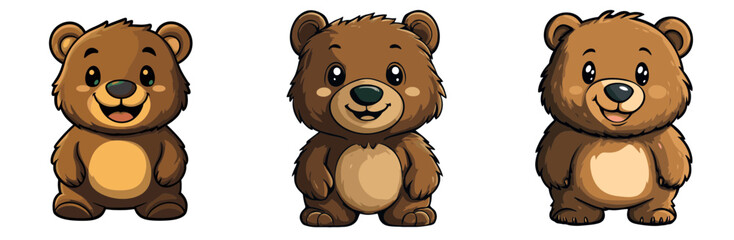 Cute cartoon bears in various poses showcase their playful expressions and friendly demeanor in a vibrant 2D vector style