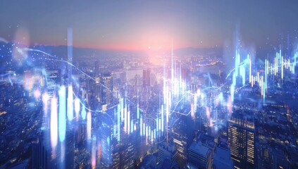 Night Cityscape with Overlay of Dynamic Financial Stock Market Charts and Graphs