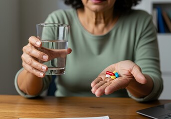Woman holding water and daily pills at home