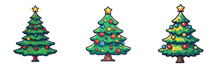 Fototapeta premium Colorful cartoon Christmas trees decorated with ornaments and stars, ready for holiday celebrations in a festive setting