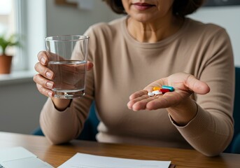 Mid-age woman preparing to take supplements with water