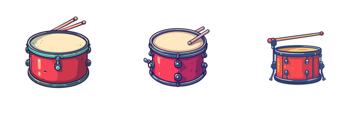 Colorful cartoon drums in a vector illustration showcasing various sizes and designs, perfect for music-related themes