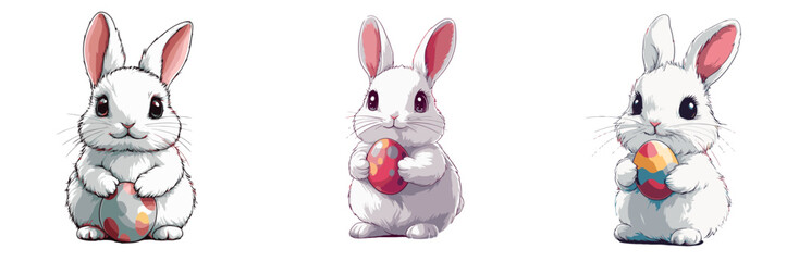 Obraz premium Cute cartoon rabbits holding colorful eggs in a playful Easter celebration setting
