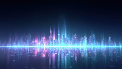 Fototapeta premium Futuristic Cityscape at Night with Neon Lights and Digital Effects, Reflecting on Water