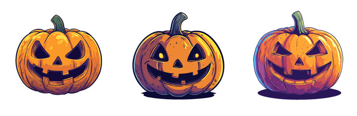 Three carved pumpkins with spooky expressions set against a plain background for Halloween decoration