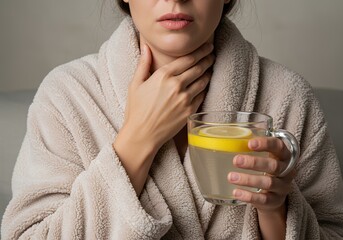 Woman with sore throat holding lemon tea