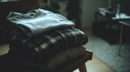A neatly folded pile of casual clothes rests on a chair in a softly lit room, capturing a moment of domestic calm and tidiness.