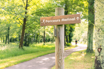 Beautiful landscape with seniors in the background on a cycle path through the forest in southwest France