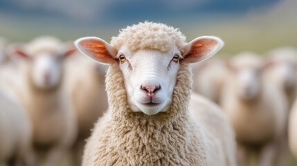 Close-Up View of a Curious Sheep Surrounded by a Flock in a Pastoral Setting