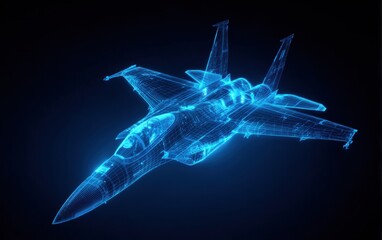 Futuristic Fighter Jet Wireframe Model, Blue Neon Glow, 3D Render