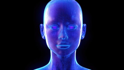Futuristic Wireframe Head Digital Female Face Model in Blue Neon Light on Black Background
