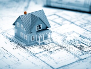 Architectural House Model on Blueprint Plans Home Construction and Design Concept