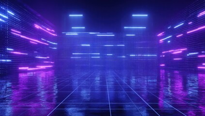 Futuristic Neon Lightscape Purple and Blue Glowing Lines and Dots on Reflective Floor