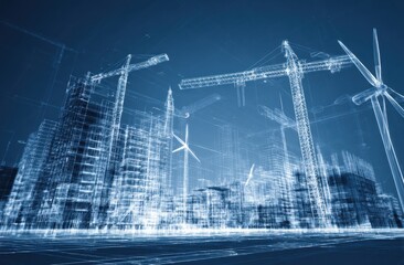 Wireframe Cityscape Construction Cranes and Wind Turbines in a Futuristic Digital Architectural Design