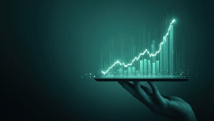 Teal Hand Holding Tablet Displaying Upward Trending Financial Graph, Data Visualization, Growth Concept
