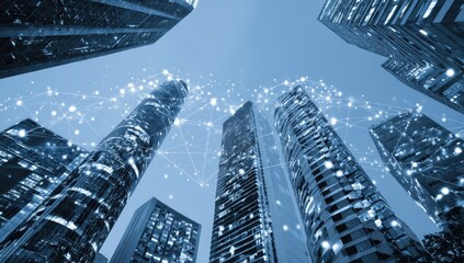 Modern Cityscape at Night Skyscrapers Connected by a Network of Light