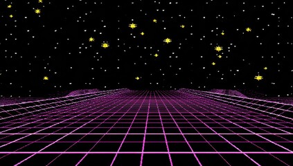 Retro Futuristic Grid Landscape with Yellow Stars in a Night Sky Digital Art