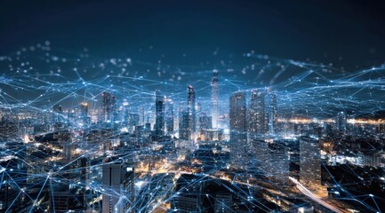 Night Cityscape with Network Connections and Illuminated Buildings