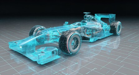 Cyan Wireframe Model of a Formula 1 Race Car on a Grid Surface