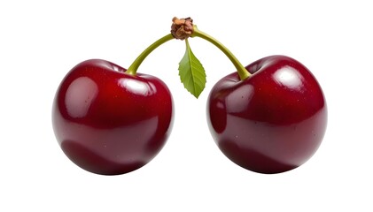 Two sweet red cherries with green stems, ripe and juicy, isolated on a white background