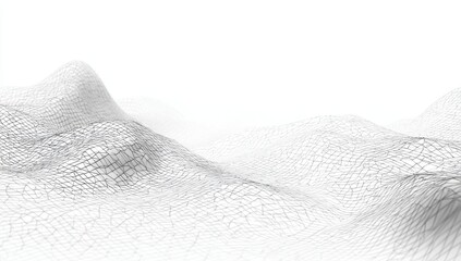Abstract 3D Wireframe Landscape Wavy Grid Mesh Topography, Monochrome Digital Rendering