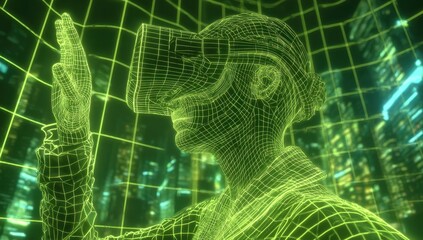 Woman in Virtual Reality Headset, Wireframe Style, Green Neon Cityscape Background
