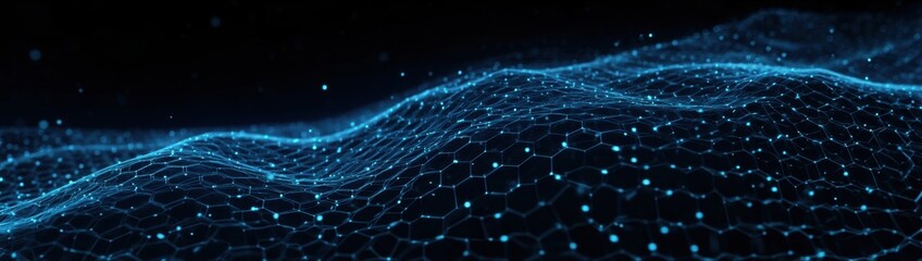 Abstract Blue Digital Waveform, Network Mesh, Hexagon Grid