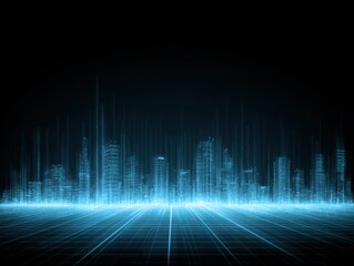 Futuristic Cityscape Digital Art Glowing Blue Lines and Grid Forming a Modern City on a Dark Background