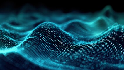 Abstract Teal Digital Wave Background, Glowing Particles, Futuristic Technology Design
